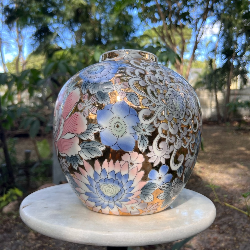 Beautiful 9” tall Vintage Golden & Pastel Floral Globular Vase